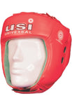 USI UNIVERSAL THE UNBEATABLE Boxing Headguard, 615CG Amateur Contest Headguard, Hide Leather, Multiple Layers of Padding for Greater Shock Absorbing Adjustable Web Closure & Strap(RED)